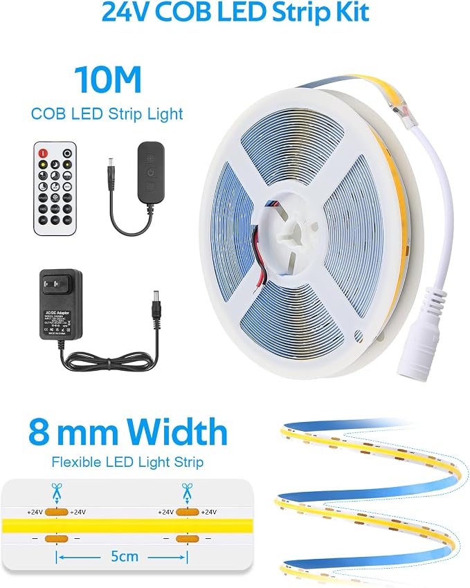Aclorol 32.8FT COB LED Strip Light Warm White 3000K 24V Dimmable Brightness | Flexible Rope Light with Power Supply and App Timer, Dotless LED Lights for Bedroom Living Room Furniture Lighting, 8mm Width
