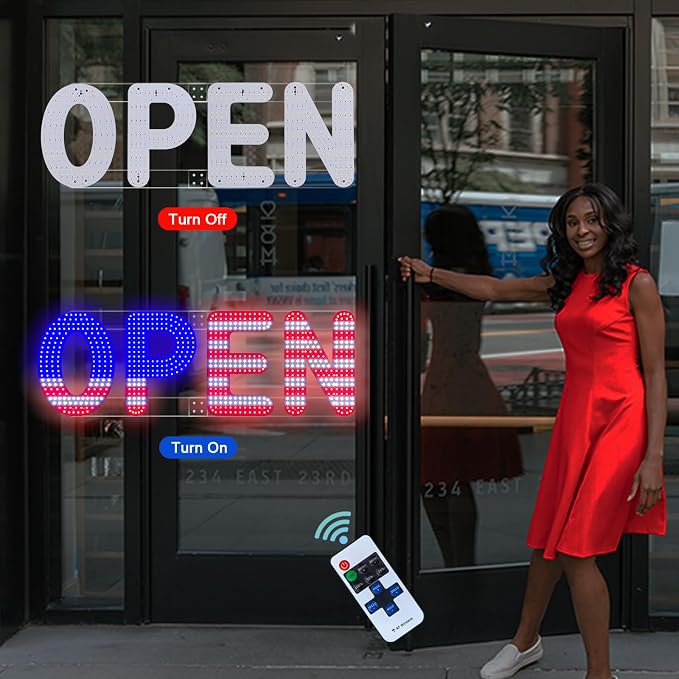 40"x14" Open Sign, LED Open Sign for Business with Remote Control, Ultra Bright Dimmable with 3 Scene Modes, Large Illuminated Sign for Storefront Window, Cafe, Bar, Restaurant, Salon (US Flag Design)