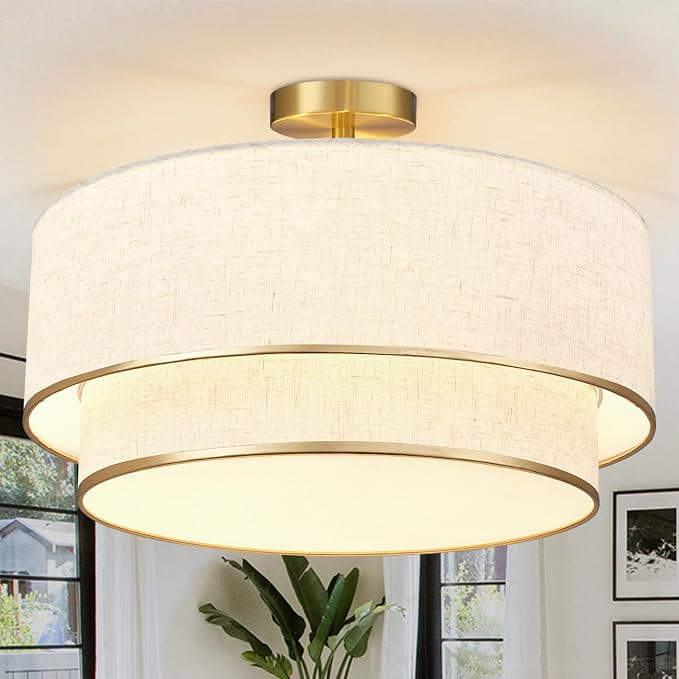 Hamilyeah 20 Inch Semi Flush Mount Ceiling Light, Dual Drum Fabric Shade Light Fixture with Gold Metal Trim, Modern Farmhouse Ceiling Light for Bedroom, Living Room, Dining Room, Hallway