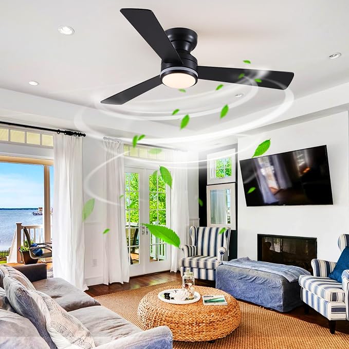 46" 3-Blade Black Low Profile RGB Ceiling Fan with Light and Remote/APP | 11 RGB Modes,Reversible 6 Wind Speeds,Dimmable 3 CCT LED, 25W Quiet DC Motor,Timer,3 Double-Sided Blades,for Bedroom Party