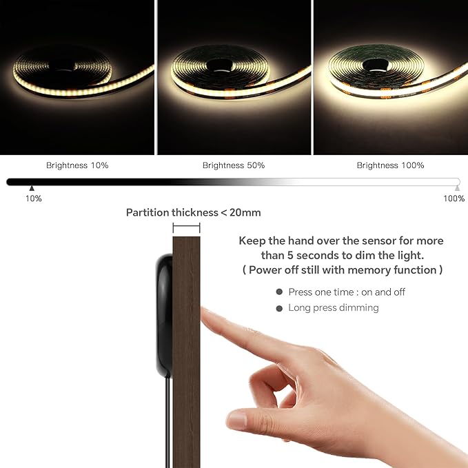 Black Cabinet Light COB LED Strip Lights | 10 pack penetrable touch dimmable ideal for display cabinet and wine rack decorative lighting (Natural White, 3.3ft / 1M)