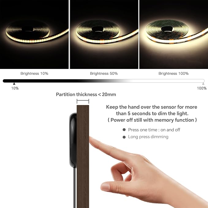 10PCs Touch Dimmable Under Cabinet Light 12V 3.3Ft Self-Adhesive 4000k | Black COB LED Strip Lights with 100W Adapter LED Recessed Lighting Kit for Wood Slat Wall Panels Headboards Shelf Home Decor