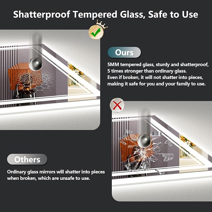 48x30 LED Bathroom Mirror, Backlit & Front Lit Lighted Mirror | Anti-Fog Vanity Mirror with Lights, 3 Color Dimmable, Memory, HD Tempered Glass, CRI95, IP54, UL Listed, Horizontal/Vertical