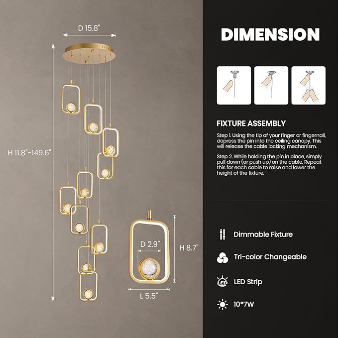 Modern Staircase Chandelier Modern LED Chandelier Gold Entryway High Ceiling Light 10 Lights Gold Crystal Light Fixture for Staircase Foyer Entryway Living Room