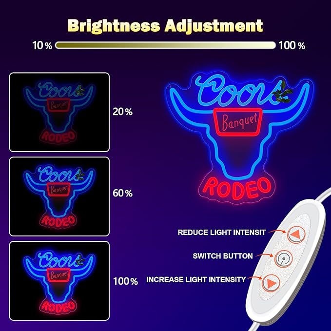 Western Decor Cowboy Neon Sign - 9 Brightness Adjustments Usb Powered, Cow Skull Light, Sign Beer, Bar Club Bull Led Wall Decor, Blue
