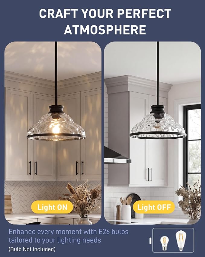 kudos 11 Inch Black Pendant Lights with Clear Hammered Glass, KDPL14-BK-H | E26 Bulb Base, Hardwired, Farmhouse Styling, Adjustable Hanging Rods for Flat or Sloped Ceilings, for Kitchen Bars