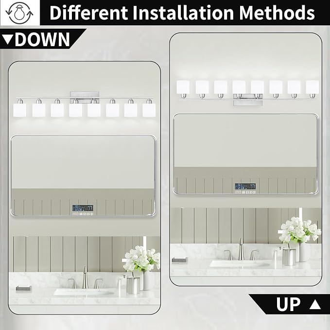 Brushed Nickel Bathrooms Lights for Huge Mirror, 8 Light Anti-Rust Finish with Milky White Frosted Glass Shades, 51 Inch Above Mirror Lights for Bathroom, E26