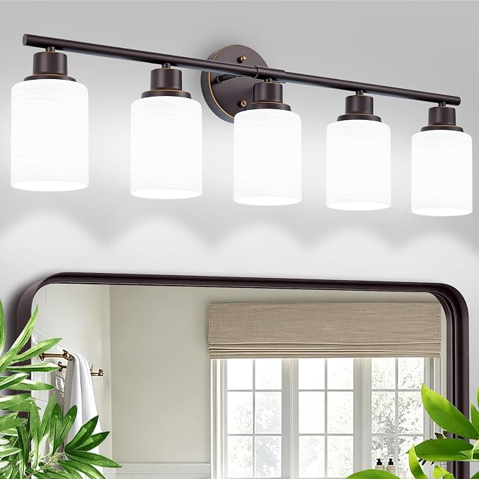 5-Light Bathroom Light Fixtures, Oil-Rubbed Bronze Gold Vanity Lights for Mirror with Textured Milky White Glass Shade, E26 Modern Kitchen Light Fixtures Wall Sconce Light