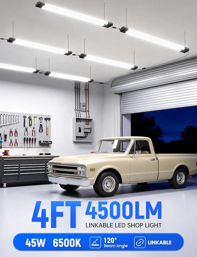 (6 Pack) LED Shop Light 4FT, 4500LM, 45W (150W Equivalent), 6500K Bright White Linkable Integrated Ceiling Light Fixture, Hanging or Flush Mount Garage Lighting, Corded Electric with ON/OFF Switch