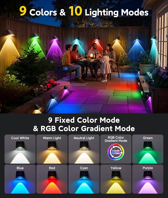 KOOPER Solar Fence Lights Outdoor Waterproof 4 Pack, Solar Fence Lights with Ultra-Bright LED Lens, 10 Modes & 9 Colors Outdoor Solar Lights for Fence, Backyard, Railing, Patio, Wall, Step, Deck
