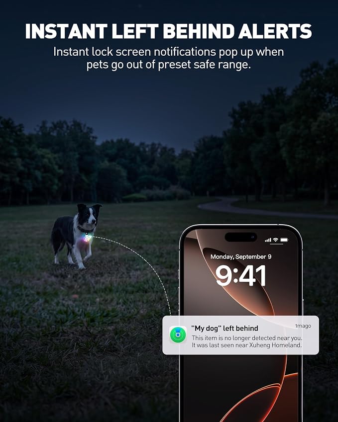 Pet Tracker for Cats and Dogs, Works with Apple Find My, No Monthly Fee | Compatible with iPhone,IPX7 Waterproof, RGB LED Night Light, Paw Print Design, 360-Day Battery, Lightweight Pet Collar Tag