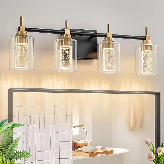 Vanity Light with 3 Color Modes (3000K/4000K/6000K), Eye Protection LED Bathroom Light Fixture, Dimmable Modern Wall Light Over Mirror with Clear Glass Shade (Black and Gold, 4-Light)