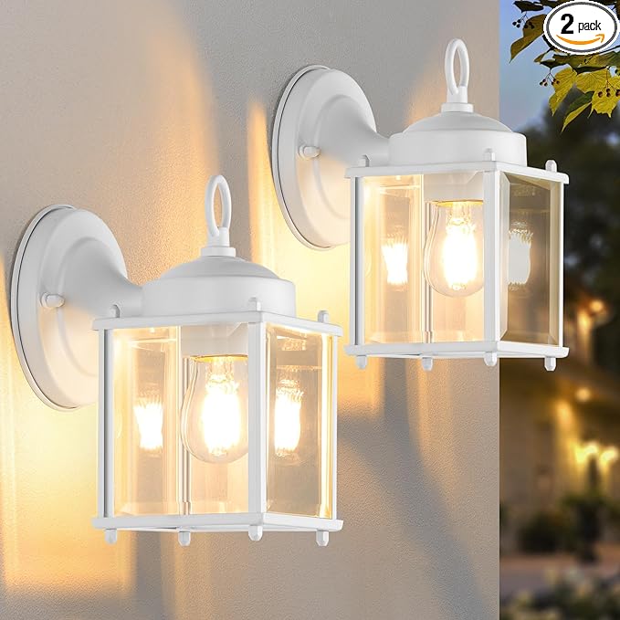 Outdoor Wall Lantern, Exterior White Waterproof Wall Sconce Lighting Fixtures, Front Door Wall Lights with Clear Beveled Glass Shade, 2 Pack