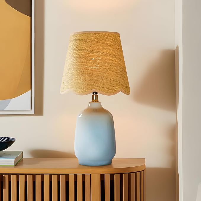 Set of 2 19" Modern Ceramic Table Lamp for Living Room Light Bule Base Desk Lamps for Bedroom Farmhouse Bedside Nightstand Lamp End Table Lamps,Bule,Rattan Shade