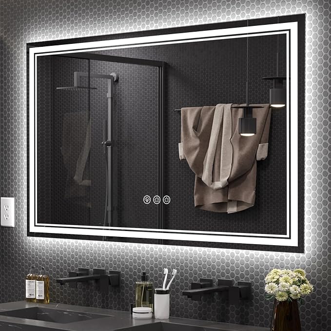 Ratsamee 60x36 Inch LED Bathroom Mirror with with Frontlit & Backlit, Lighted Mirror for Bathroom Wall with 3-Color Dimmable & Anti-Fog, Vanity Mirror with Lights