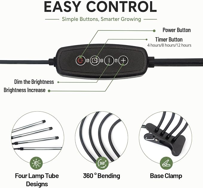 Grow Light for Indoor Plants - Upgraded Version 80 LED Lamps with Full Spectrum & Red Blue Spectrum, 3/9/12H Timer, 10 Dimmable Level, Adjustable Gooseneck,3 Switch Modes (4 Heads Full Spectrum)