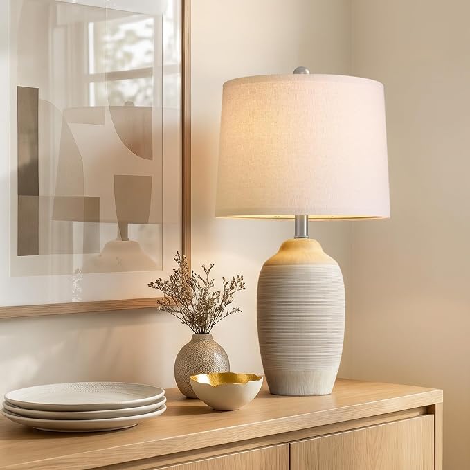 24.5" Vintage Ceramic Table Lamp Single-Rustic Boho Accent Nightstand Lamps for Bedroom, Living Room, Entryway-Small Textured Bedside Lamps, Modern Farmhouse Table Lamps for Home Decor Beige