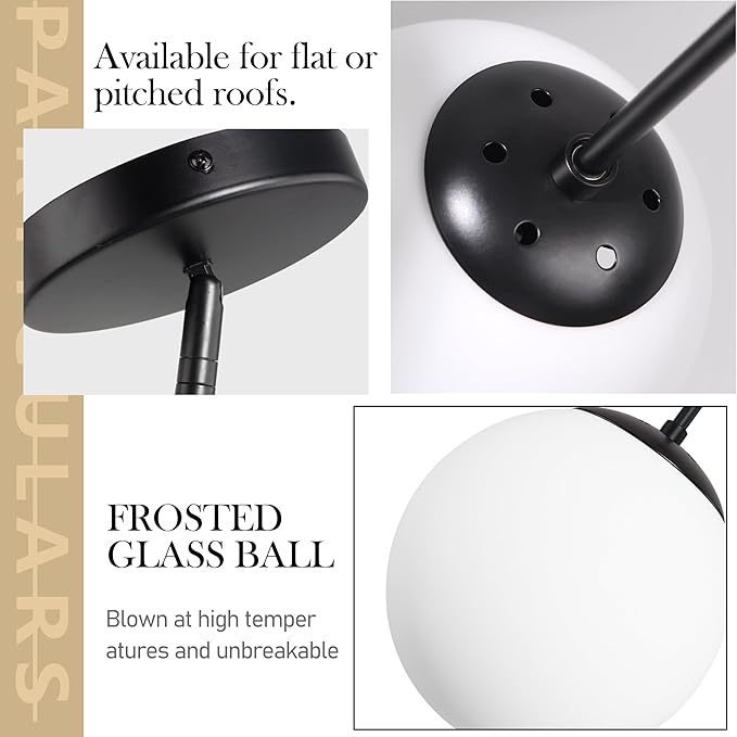 14" Globe Pendant Light 3-Light Black Milk Glass Pendant Light Mid Century Modern Light Fixture Globe Pendant Lights Kitchen Island Matte Black Finished with Milk Glass Lampshade for Bedroom