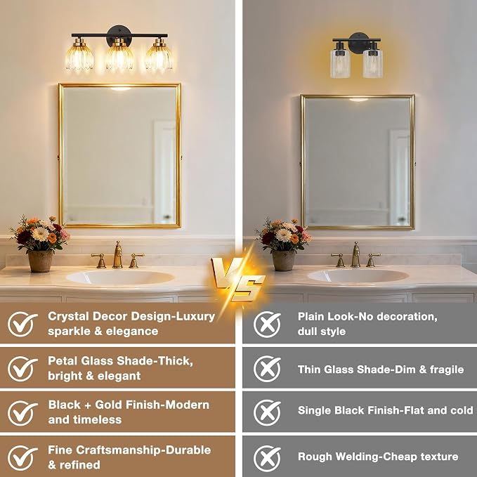 TALOYA Black Gold 3-Light Bathroom Vanity Light with Amber Tulip GlassShade | Modern Vanity Lighting Fixtures, Bathroom Lights Over Mirror, Wall Mount Mirror Light Fixtures for Bathroom Hallway Bedroom