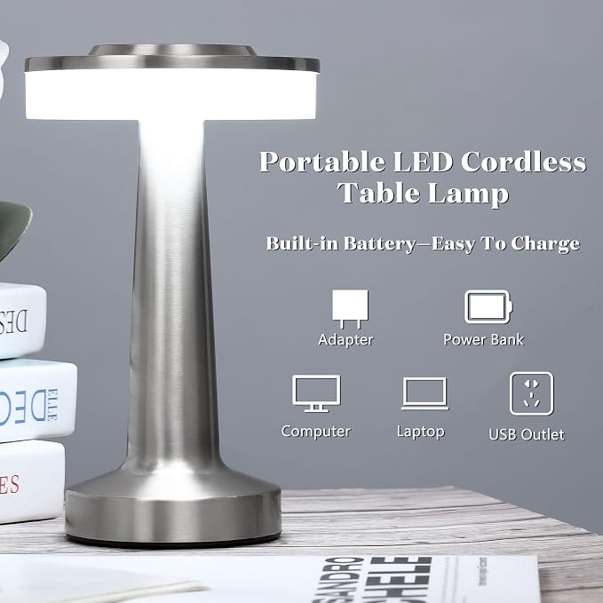 Riakrum 12 Pcs Sliver LED Portable Cordless Table Lamp Bulk with Touch Sensor 3 Color Stepless Dimming Rechargeable Battery up to 15 Hours Cordless Table Light Wireless Lamp Wedding Home