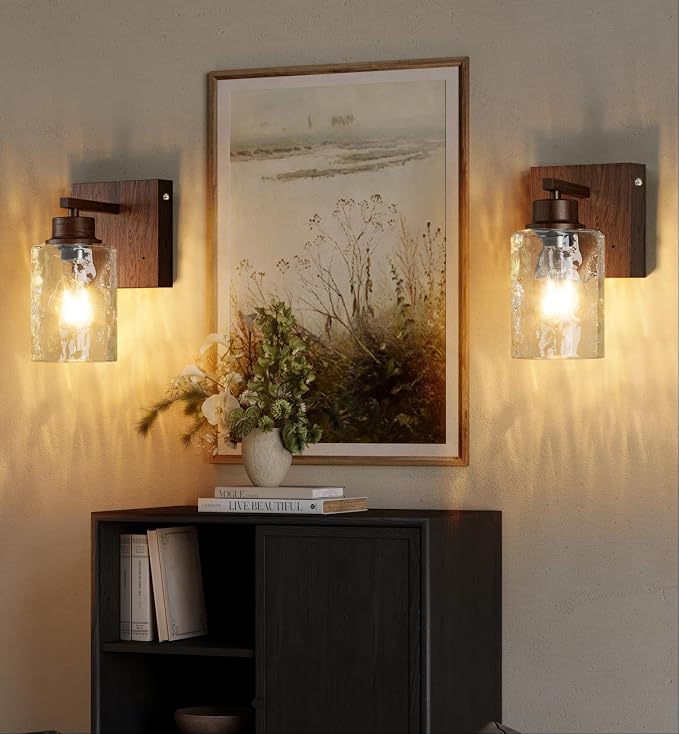 Rayogale Hammered Glass Battery Operated Wall Sconces Set of Two Walnut | Dimmable Rechargeable Wall Lights with Remote Timer, Easy Install Lamp for Living Room Bedroom, Emergency 3000K