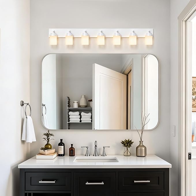 IZORRO Bathroom Vanity Light Fixture, 7-Light 52 inch White Bathroom Light Fixtures Over Mirror, with White Glass Shade, Modern Farmhouse Vanity Lights, Rustic Restroom Lighting Fixtures