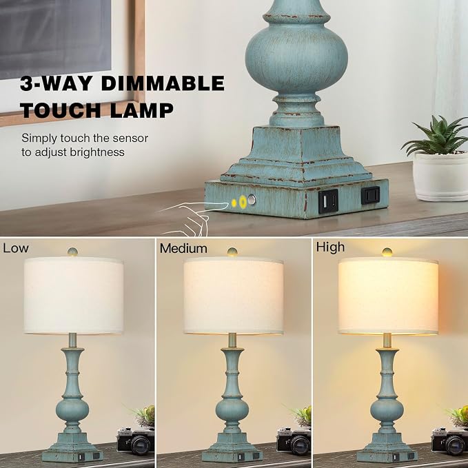 26" Farmhouse Table Lamps Set of 2, Rustic Touch Control Bedside Lamps with 2 USB Ports & AC Outlet, Vintage Resin 3-Way Dimmable Nightstand Lamp Linen Fabric Shade for Living Room Bedroom Decor Blue