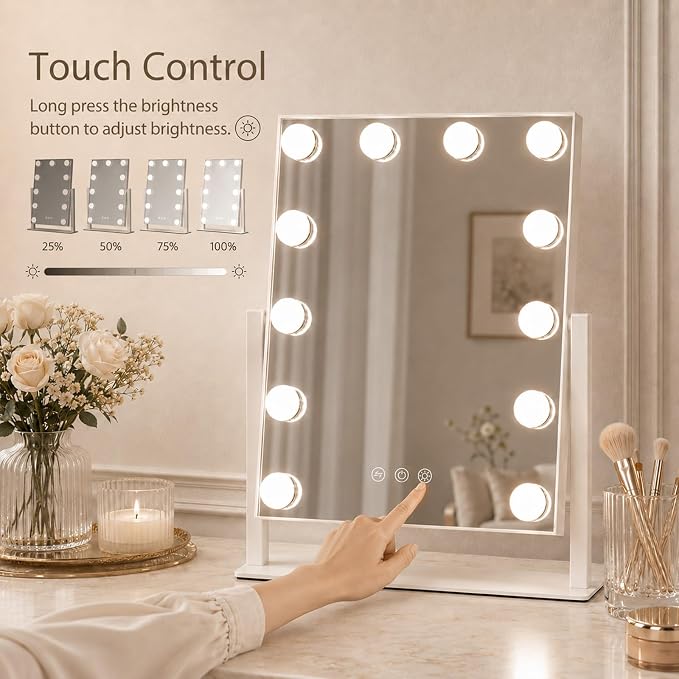 Makeup Mirror with Lights, 10X Magnification, 16.5x13.1in | 3 color modes & dimmable brightness, memory function, perfect for vanity & bedroom, gift for women