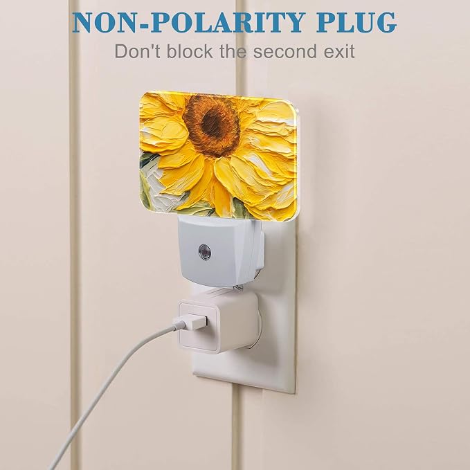 Sunflower Oil Painting Night Light Plug into Wall, Sunflower Night Light with Dusk to Dawn Sensor for Kid Girls Boys Women Men Bedroom, Hallway, Kitchen, Bathroom, Stairs Decor