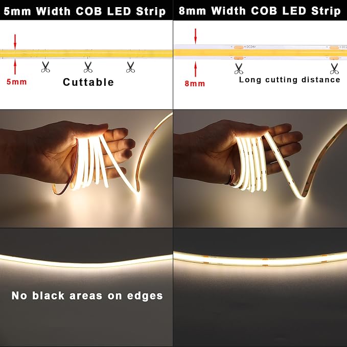 TOPAI 12V 5mm Dotless COB LED Strip 16.4ft 4000K Natural White | Ultra Thin Tape Lights, CRI>90 400 LEDs/M, No Dark Spots, Flexible Cuttable, Self Adhesive Easy Install