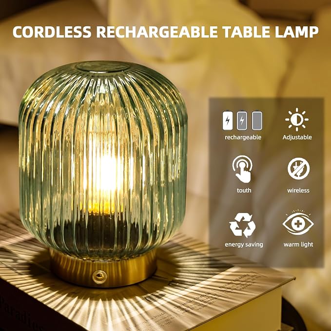 MJ PREMIER Rechargeable Table Lamp, Green Glass Lamp with Memory Function, Small Cordless LED Lamp with Dimmable Brightness, Decorative Touch Lamps for Bedroom Living Room (Green)