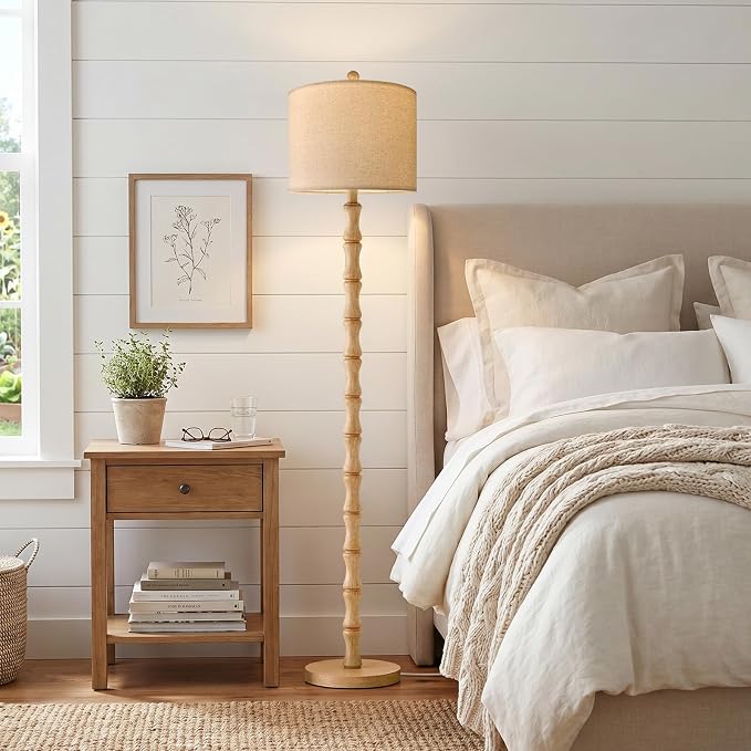 62" Farmhouse Floor Lamp for Living Room, Rustic Standing Lamp with Linen Shade and Rotary Switch, Tall Resin Corner Floor Lamp for Bedroom, Nursery, Office, Home Decor