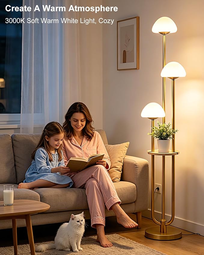 Gold Dimmable Floor Lamp with Table Modern Floor Lamps with 5Lbs Heavy Base for Living Room 3000K Tall Standing Lamp with Mushroom Shades & Bulbs Included for Bedroom/Office//Sofa Beside/Corner Decor