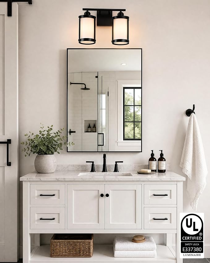 2-Light Black Bathroom Light Fixtures with Milk White Frosted Glass, 13.2" UL-Listed Modern Wall Sconce Over Mirror with Metal Cage for Bath, Hardwire E26, OS-3014BKW-2W