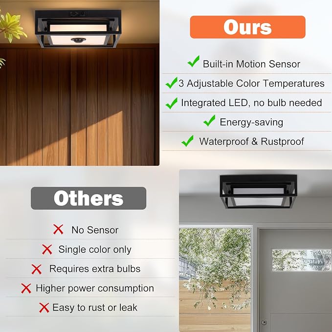 LED Motion Sensor Outdoor Ceiling Light Square Flush Mount Lighting 2 Pack | 10.5", Modern Outdoor Ceiling Lights for Porch, Adjustable Color, Exterior Waterproof Ceiling Light Dusk till Dawn