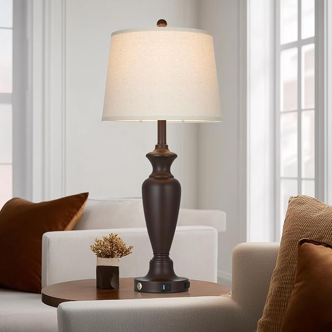 30" Tall Brown Table Lamp for Living Room, Touch Control Bedside Lamp for Bedroom Nightstand, 3-Way Dimmable Farmhouse Lamp with Charging Ports (1 Pack)