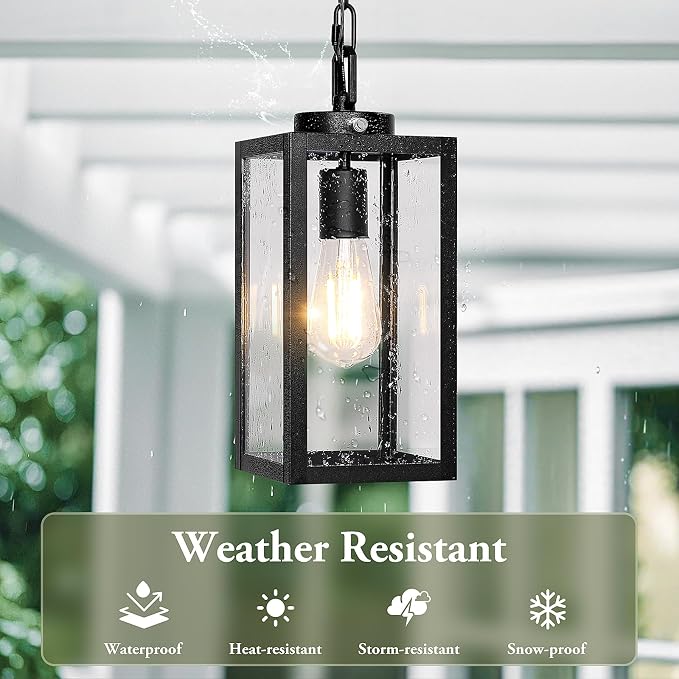 Dusk to Dawn Outdoor Pendant Light for Porch Gazebo, Black | Auto ON/OFF, Hanging Height Adjustable, Waterproof, Rust-Resistant, Durable Metal & Clear Glass, Easy to Install