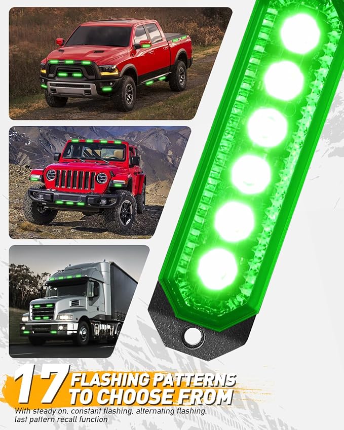 HLauto 406T Emergency Strobe Grille Lights: 4Pcs 6 LED Sync Feature Safety Warning Flashing Light, 12V-24V Ultra Slim Surface Mount Hazard Caution Light for Truck, Vehicle, Car, ATV, UTV (Green)