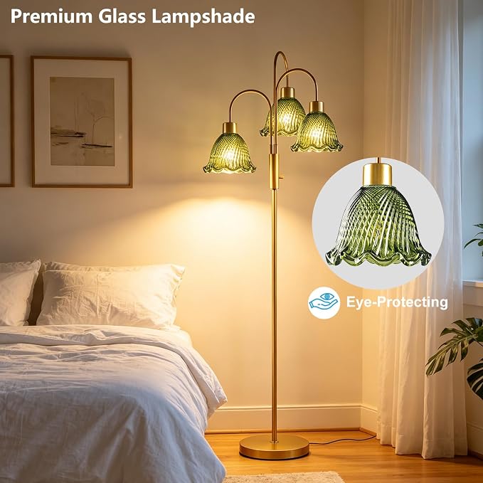 Lightdot 3-Light Glass Floor Lamp for Living Room, 70" Gold Dimmable Standing Tall Lamp with Green Ribbed Glass Shades &3PCS 3000K Warm White Bulbs, Modern Tree Pole Lamp for Bedroom Home Decor