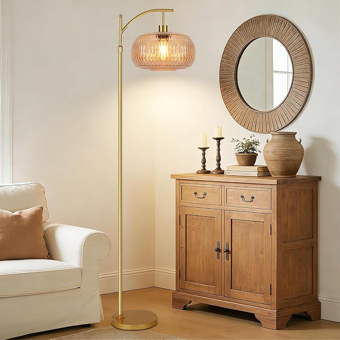 ILLMTW Glass Floor Lamp for Living Room,Bedroom,Gold Mid Century Modern Standing Lamp with Remote,Dimmable Brass Tall Lamp Amber Lamp Vintage Retro Arc Floor Lamps Floor Light Boho Bohemian