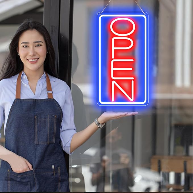 16.5" X 9" Led Neon Open Signs for Business 12V/2A Ultra Bright Led Neon Open Signs Plug In Electric Light Up Open Sign with ON/OFF Switch for Bar Salon Coffee Stores Club Hotel (Vertical)