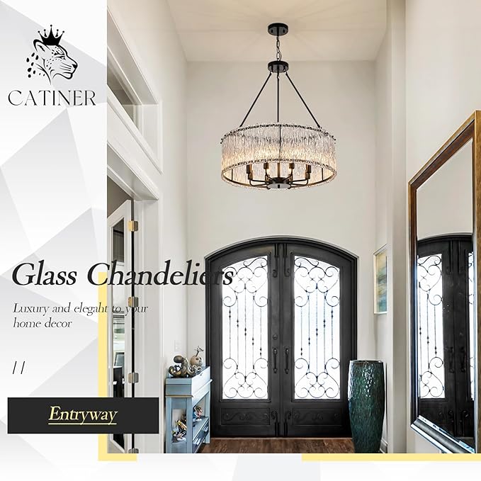Modern Drum Chandelier 24.4" Black Crystal Glass Chandeliers 8-Light Luxury Ceiling Pendant Lighting Fixture for Dining Room Foyer Living Room Bedroom