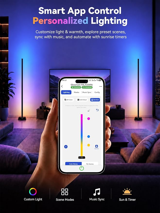 Smart LED Floor Lamp, RGBY+IC Corner Floor Lamp for Living Room | 36W Dimmable LED Floor Lamp with Alexa & App Control, DIY Color Effects, Standing Lamp for Gaming Room Bedroom Home Decor