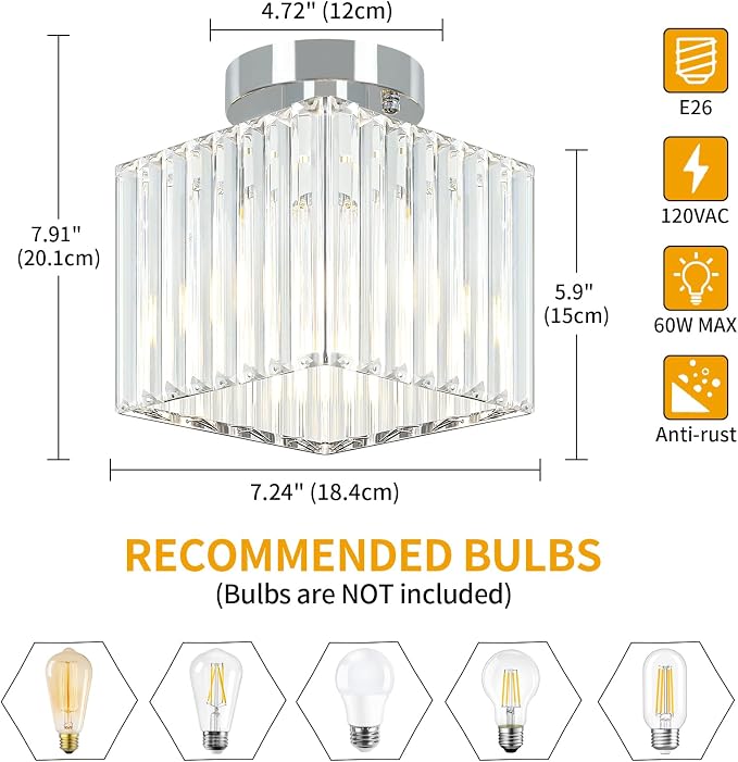 Modern Crystal Ceiling Light Fixture Chrome Hallway Entryway Light Fixtures | 2-Pack, 7.24 Inch, E26 Dimmable, Bathroom Bedroom Ceiling Light, Kitchen Dining Room Laundry Close to Ceiling Light Fixtures