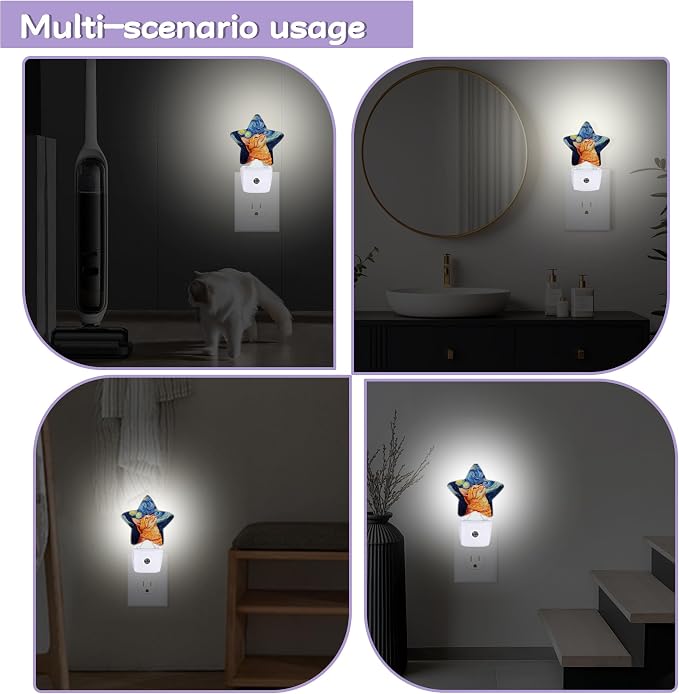 Cat Starry Night Night Lights Plug Into Wall Decorative,Oil Painting Nightlight with Dusk Sensor for Bathroom,Kitchen,Entryway,Room Accent,Gifts