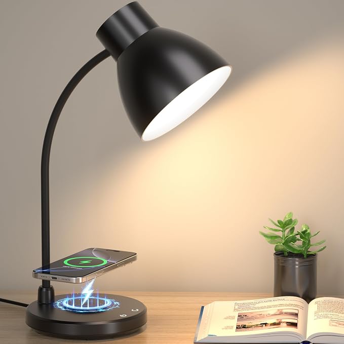 LED Desk Lamp for Home Office with Wireless Charger, Black | 3 Color Modes Dimmable Eye-Caring Study Reading Dorm Desk Lamp, 360° Flexible Arm Table Lamp for College Dorm Room, 800 Lumen