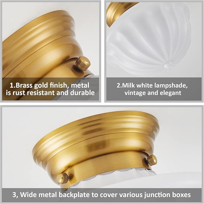 Schoolhouse Light Fixture Gold, 9" Modern Mid Century Semi Flush Mount Ceiling Light with Opal Milk Glass Shade for Bedroom, Kitchen, Dining Room, Bathroom, Hallway, Stairway, Entryway
