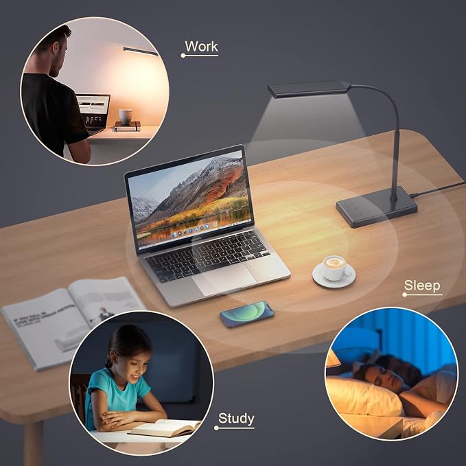 LED Desk Lamp for Office Home, Wireless Charger Desk Lamp | 12W Eye-Caring Desk Light, 600LM Reading Light for Desk, 5 Color Modes 6 Brightness Levels Lamp for Study, Workbench