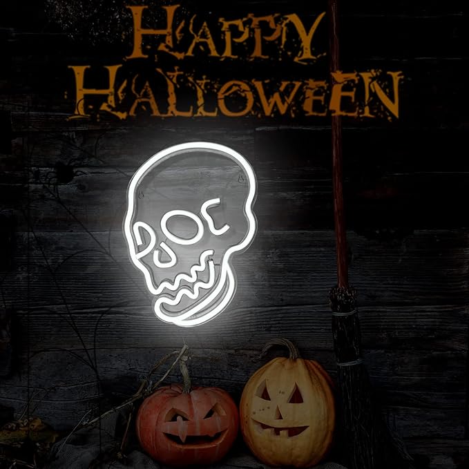 Halloween Decoration Skull Neon Sign, White LED Skull Shape Neon Wall Light Signs Decor, Wall Night Lights Cool Neon Sign Decor for Room Bedroom Bar Christmas Halloween Birthday Party Supply