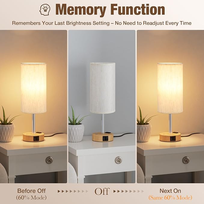 Touch Bedside Table Lamp for Bedroom, Stepless Dimmable, USB A+C, AC Outlet | Base Touch Button Only, Memory Brightness, Ultra-dim Night Light, Included Bulb for Optimal Dimming, Wood Grain Base, Nursery